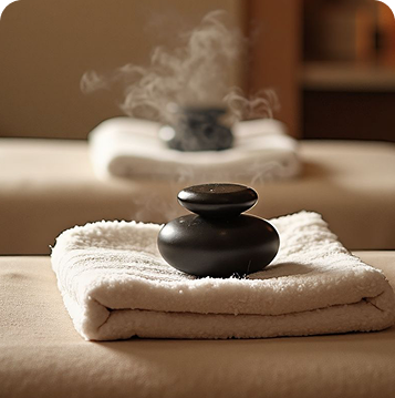 Batu hangat ditata di punggung klien saat pijat hotstone